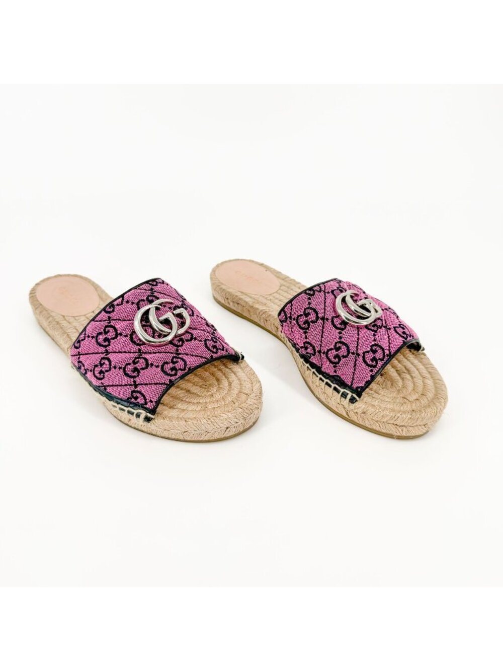 Gucci GG Espadrille Mule Sandal EU 37.5 US 7.5 Pink Purple Monogram Canvas Slide